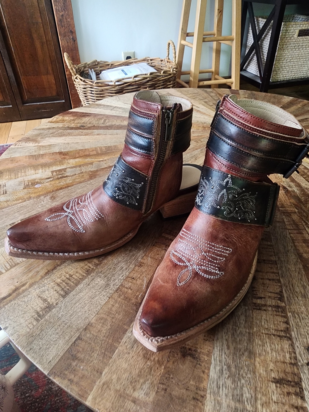 Freebird Waylon Cognac Leather Western Ankle Boots with Open Heel